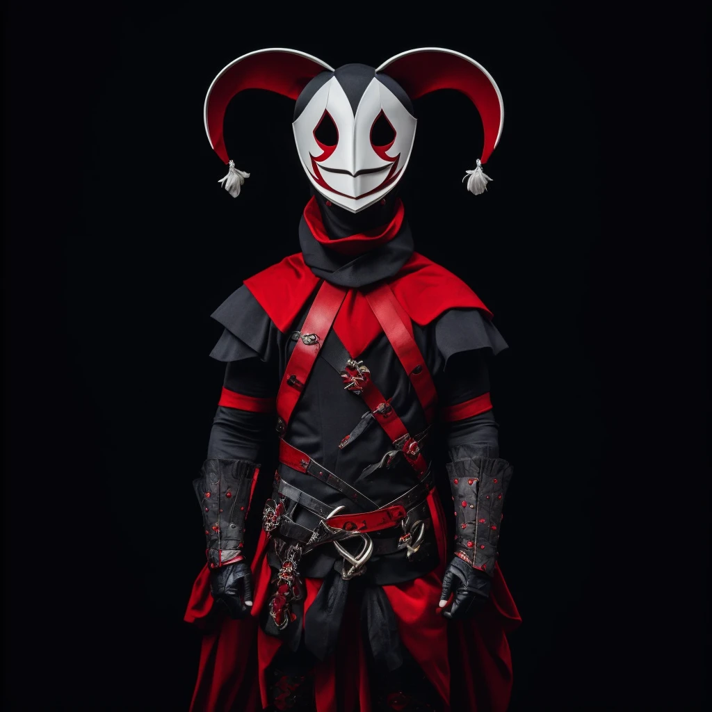 A red and black jester in a white minimalist mask with two red cuts on his eyes and an open mouth smiling, posing with your arms slightly up 