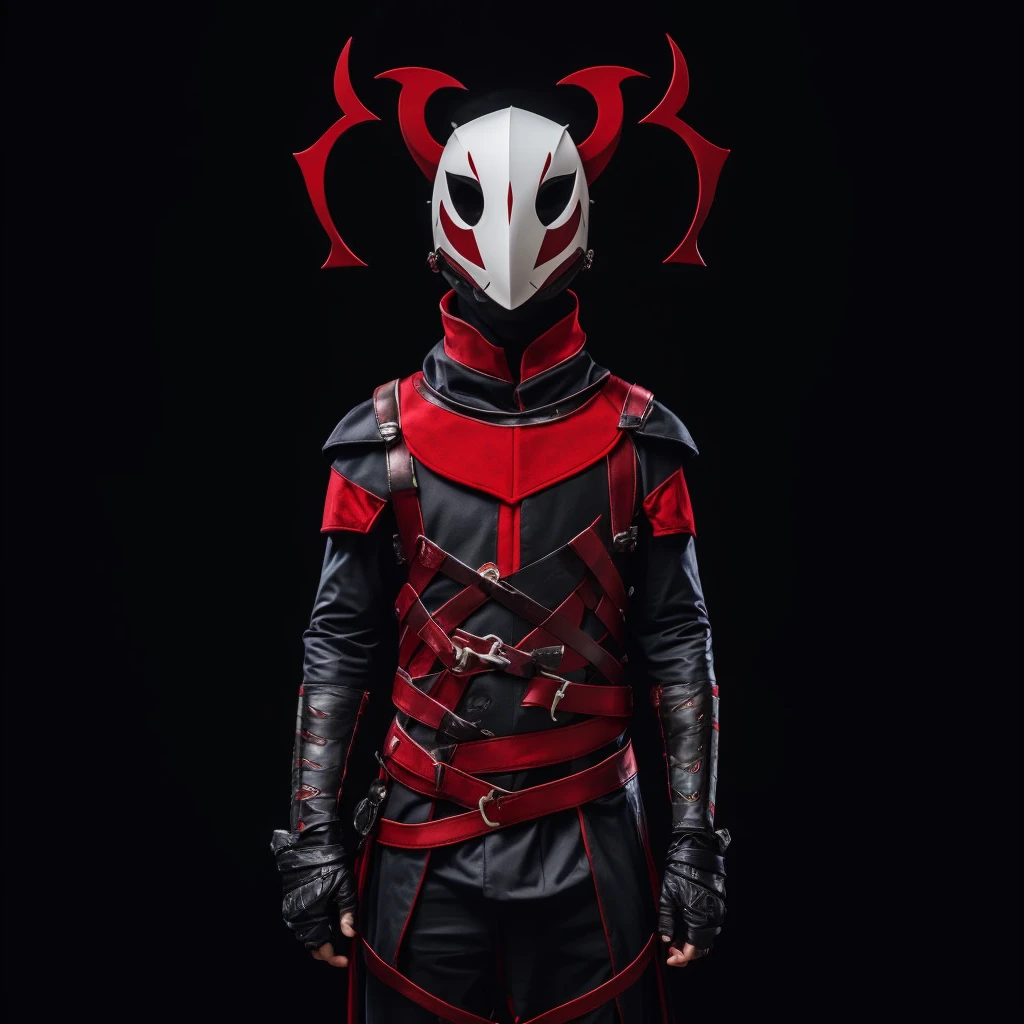 A red and black jester in a white minimalist mask with two red cuts on his eyes and an open mouth smiling, posing with your arms slightly up 