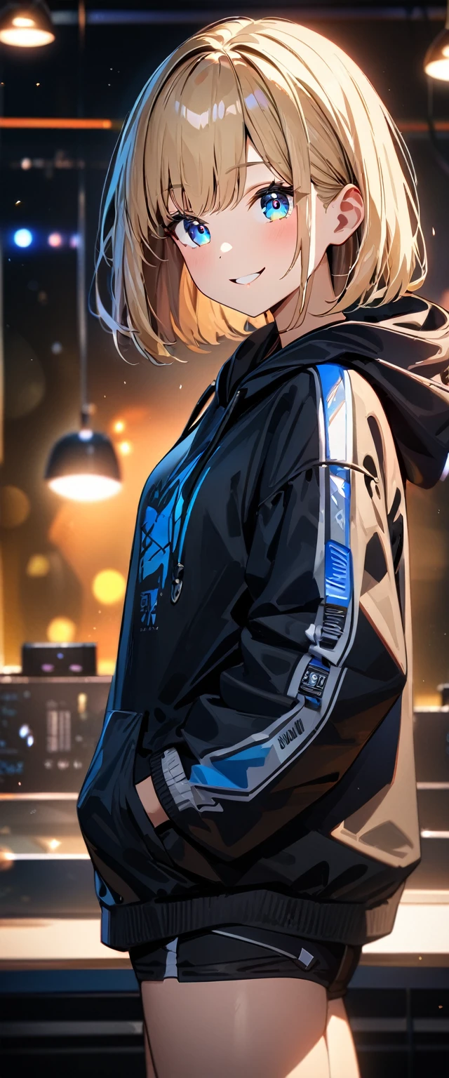 (((One girl))), blond hair, bob cut, (upper body), (looking at viewer), breasts, teenager, head tilt:1.3, (((blue eye))), (from side), hand in pocket, ((happy smile)), black hoodie, black shorts, anime style, (best quality, 4k, 8k, highres, masterpiece:1.2, ultra-detailed, ultra-detailed eyes, HDR, UHD, studio lighting, ultra-fine painting, sharp focus, physically-based rendering, extreme detail description, professional, vivid colors, bokeh)