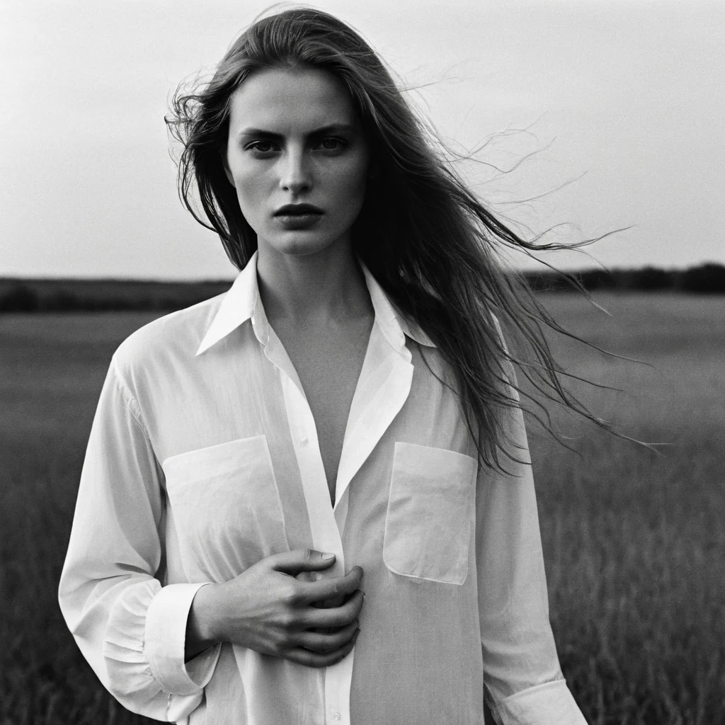 (dark mood masterpiece Photography by Mario Giacomelli:1.2), evil slavic woman, pale skin, long dark blond hair, Stunning b&w 35mm full body photo of a beautiful, perfecteyes, dark circles under eyes, highly detailed skin, (lightest freckles:0.9), standing in a casual pose with her hands on her nipples. wearing (wide-open:1.34) white_silk_shirt. unbuttoned shirt. (nipslip:1.4). a loose-fitting oversized men's unbuttoned shirt, open white business shirt. intricate poses by ruth bernhard. (Photography and style by ruth bernhard). 35mm, Hasselblad. capturing fashion-forward visuals, creating visual impact,evoking emotion,pushing creative boundaries. golden hour, shot from the side, playful pose, god rays,artistic photoshoot