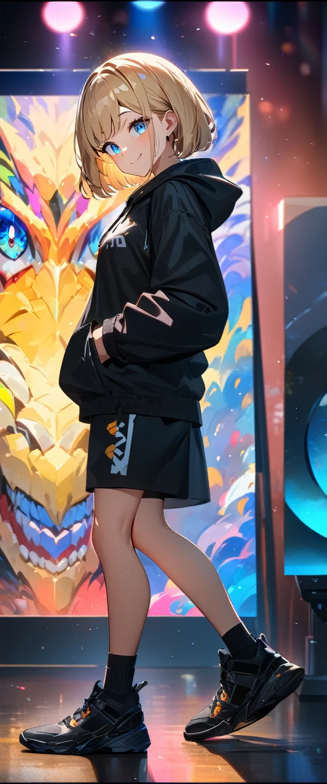 (((One girl))), blond hair, bob cut, (looking at viewer), breasts, ager, head tilt:1.3, (((blue eye))), (from side), hand in pocket, ((happy smile)), black hoodie, black shorts, dark high cut sneakers, black ankle socks, anime style, (best quality, 4k, 8k, highres, masterpiece:1.2, ultra-detailed, ultra-detailed eyes, HDR, UHD, studio lighting, ultra-fine painting, sharp focus, physically-based rendering, extreme detail description, professional, vivid colors, bokeh)