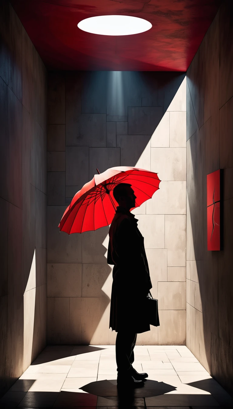a  figure,red umbrella,simple geometric abstract,cubism,minimalist,chiaroscuro lighting,dramatic shadows,surreal,high contrast,moody,striking composition