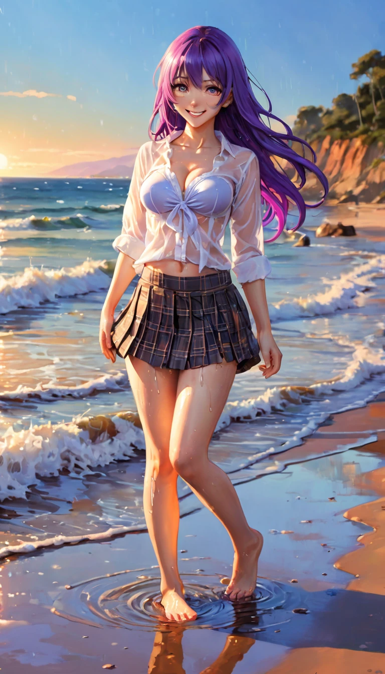 detailed background: ((sea, coast, sandy beach, sunset: 1.2)), extremely beautiful sky, reflection of a bright light, backlight, (shadow), dappled sunlight on it, (((a girl playing barefoot in water on beach, wet, see-through shirt))), [standing], leaning forward, [looking back], , looking at viewer, {((shirtless: 1.4, pink bra )), plaid skirt, (bare legs: 1.3), sobu high school uniform: 1.5}}, big breasts, (bare neck), collarbone, cleavage, smile, {{((purple hair, long hair )), (wet hair), phenomenal aesthetics, stunning background, detailed lighting, official art, best quality, masterpiece: 1.2, realistic: 1.3}, {focus on front eye, perfect sharp focus, auto white balance, colors vivid and bright effects, depth of field, clearly adjusted shadows, (art inspired by Bill Sienkiewicz). oil painting) shadows