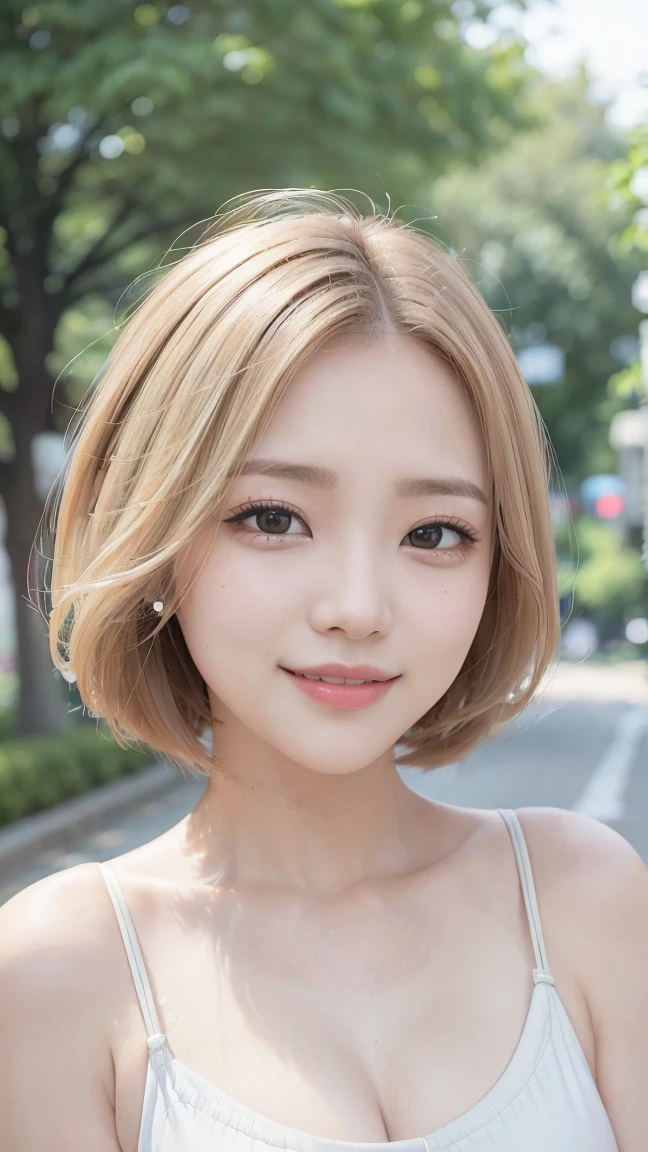 Realistic, masterpiece, Highest quality, (Tree-lined street, The background is blurred:1.3), (One girl:1.3), Photo of a woman smiling happily, (Droopy eyes:1.3), Beautiful and exquisite, (Dark Eyes:1.3), Long eyelashes, Eyelash extensions, (Hidden eyelid wrinkles:1.3), (blonde, short hair, middle part:1.3), (Swimsuit), (Full body portrait:1.3)、Back view、Beautiful ass、Turning around