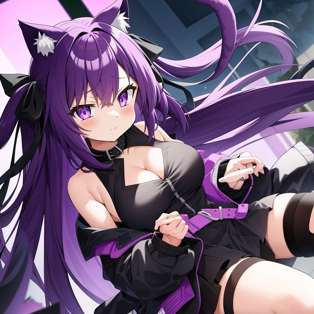 Animal ears, Purple eyes, Purple Hair, Large Breasts, Cat ear, tail, Ahoge, cat tail, Both sides up, Long Hair, bangs, Animal earsの毛, Cat girl,Virtual YouTuber, Cleavage, skirt, Jacket, black Jacket, Cleavage cutout, Clothing cutouts, hair ribbon, belt, ribbon, grey shirt, open Jacket, Open clothes, Off the shoulder, shirt, No sleeve, black ribbon, Long sleeve,