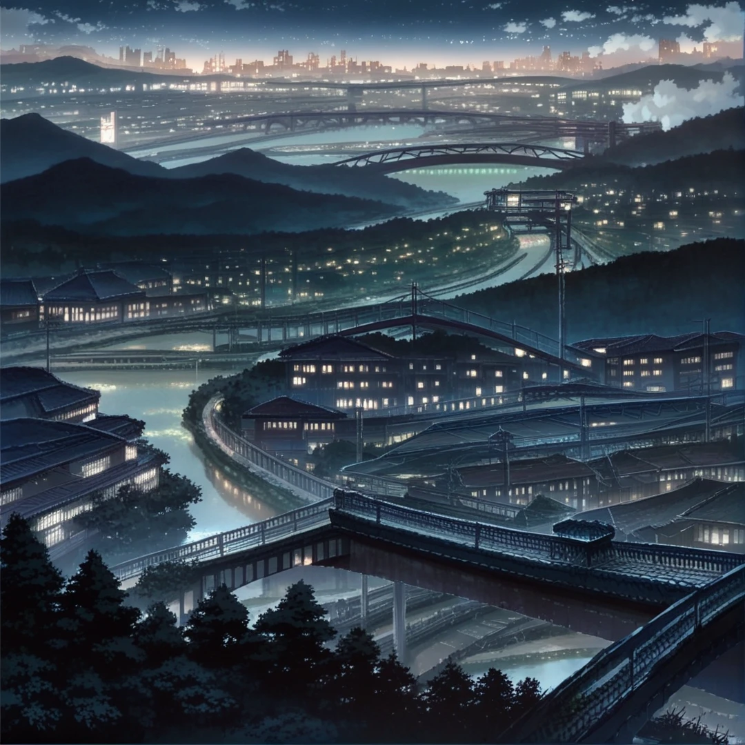 score_9, score_8_up, score_7_up, Shinkaistyle, scenery, sky, no humans, night, cloud, building, outdoors, night sky, cityscape,overview of a small modern japanese city at night, dark, grim, foggy, birds-eye view, surrounded by forests, river, bridge, mountain