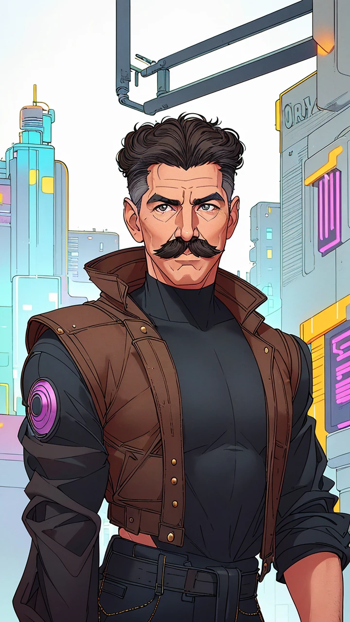 (1man, old male:1.2), wise, dark brown eyes, graying hair, fade with mustache,, drill hair, 1980s futuristic synthwave, bladerunner