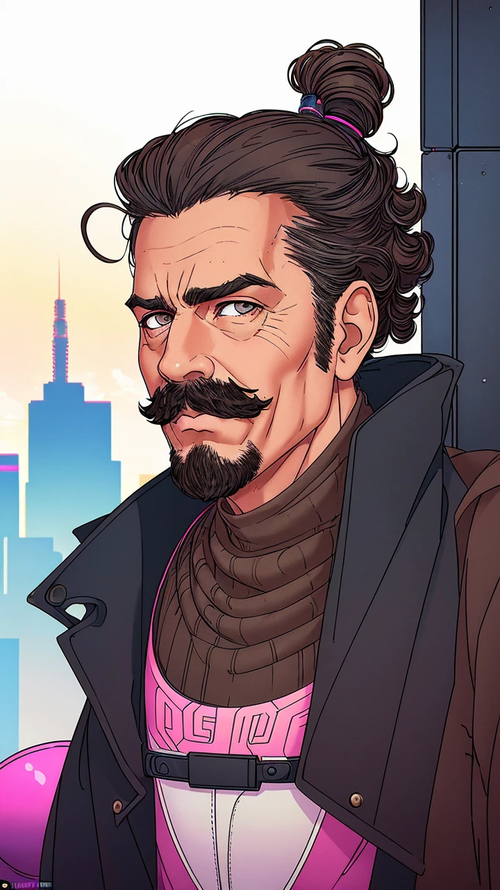 (1man, old male:1.2), wise, dark brown eyes, graying hair, fade with mustache,, drill hair, 1980s futuristic synthwave, bladerunner