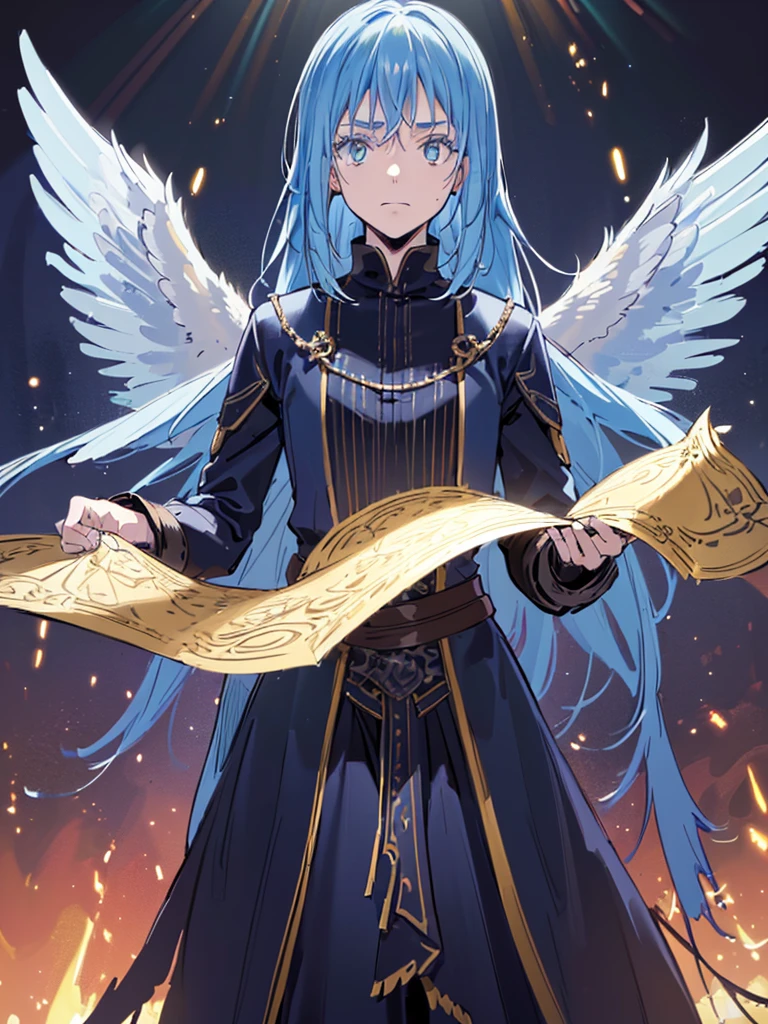 (best quality,4k,8k,highres,masterpiece:1.2),ultra-detailed,(realistic,photorealistic,photo-realistic:1.37),1 demonic androgynous character,long blue hair,golden eyes,demonic wings,Rey de reyes,Rimuru tempest,highly detailed face,intricate costume,fantasy,dramatic lighting,cinematic composition,moody atmosphere,dark colors