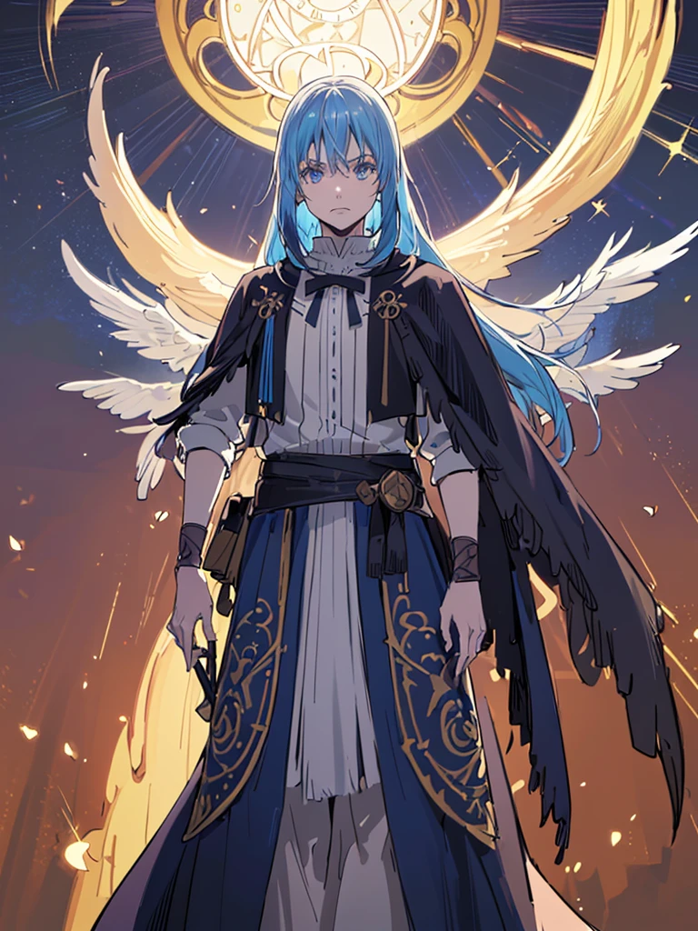 (best quality,4k,8k,highres,masterpiece:1.2),ultra-detailed,(realistic,photorealistic,photo-realistic:1.37),1 demonic androgynous character,long blue hair,golden eyes,demonic wings,Rey de reyes,Rimuru tempest,highly detailed face,intricate costume,fantasy,dramatic lighting,cinematic composition,moody atmosphere,dark colors