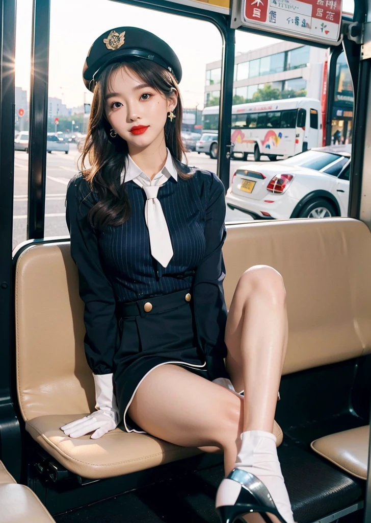 ,Japanese,23 years old,woman,Brown long straight hair,Detail face,Detail lips,Details,double eyelid,Wet body,perfect body,Trained abdominal muscles,Shiny skin,Highest quality,日本のwoman一人,diamond,Earrings,(((whole body,Includes legs)))、(((The perfect uniform of a Japanese stewardess, Blue striped tie, Best Dressed Uniform、Small hat, white formal Short gloves,(黒のHigh heels), ((Mini microphone in hand))),Bus Guide,日本のBus Guide、A small smile,White blouse,Tight blouse)))、(((Navy bowler hat),Navy hat)), White gloves, Short gloves, High heels、Dress up、(Photo realistic:1.4)、(Surreal:1.4)、(Realistic:1.3)、 (Gentle lighting: 1.05)、(Improve the lighting quality of your videos:0.9)、32k、 One girl、28歳のwoman、Photorealistic Lighting、Backlight、Facial Light、Ray-tracing、(bright:1.2)、(Improvement of quality:1.4)、 (Highest quality real texture skins)、Beautiful Eyes,Delicate and elegant features, Chest close-up, White blouse,Tight blouse,tight Best Dressed Uniform, (Improve your body line mood:1.1)、mistake,Shiny skin、Wavy Hair,Blonde,Korean Idol、Nogizaka Idol、Sculptural idol pose、A small smile,blush,Beautiful actress、きちんとしたwoman,whole body, (((Medium Bust,Beautiful breasts))),(Perfect teeth alignment),narrow waist and hips,Beautiful long legs,Full Shot)、((8 heads)、(((Tempting、Embarrassing)))、Dynamic pose,Sculpture Pose,(eye shadow),((Red cheeks、Red lips)),Very beautiful night view、at night、blush,A small smile,(((Full Shot)))、(((by bus))),