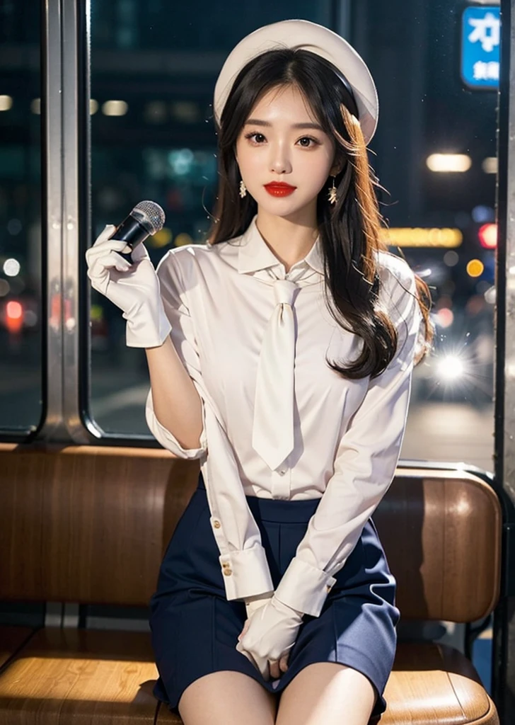 ,Japanese,23 years old,woman,Brown long straight hair,Detail face,Detail lips,Details,double eyelid,Wet body,perfect body,Trained abdominal muscles,Shiny skin,Highest quality,日本のwoman一人,diamond,Earrings,(((whole body,Includes legs)))、(((The perfect uniform of a Japanese stewardess, Blue striped tie, Best Dressed Uniform、Small hat, white formal Short gloves,(黒のHigh heels), ((Mini microphone in hand))),Bus Guide,日本のBus Guide、A small smile,White blouse,Tight blouse)))、(((Navy bowler hat),Navy hat)), White gloves, Short gloves, High heels、Dress up、(Photo realistic:1.4)、(Surreal:1.4)、(Realistic:1.3)、 (Gentle lighting: 1.05)、(Improve the lighting quality of your videos:0.9)、32k、 One girl、28歳のwoman、Photorealistic Lighting、Backlight、Facial Light、Ray-tracing、(bright:1.2)、(Improvement of quality:1.4)、 (Highest quality real texture skins)、Beautiful Eyes,Delicate and elegant features, Chest close-up, White blouse,Tight blouse,tight Best Dressed Uniform, (Improve your body line mood:1.1)、mistake,Shiny skin、Wavy Hair,Blonde,Korean Idol、Nogizaka Idol、Sculptural idol pose、A small smile,blush,Beautiful actress、きちんとしたwoman,whole body, (((Medium Bust,Beautiful breasts))),(Perfect teeth alignment),narrow waist and hips,Beautiful long legs,Full Shot)、((8 heads)、(((Tempting、Embarrassing)))、Dynamic pose,Sculpture Pose,(eye shadow),((Red cheeks、Red lips)),Very beautiful night view、at night、blush,A small smile,(((Full Shot)))、(((by bus))),