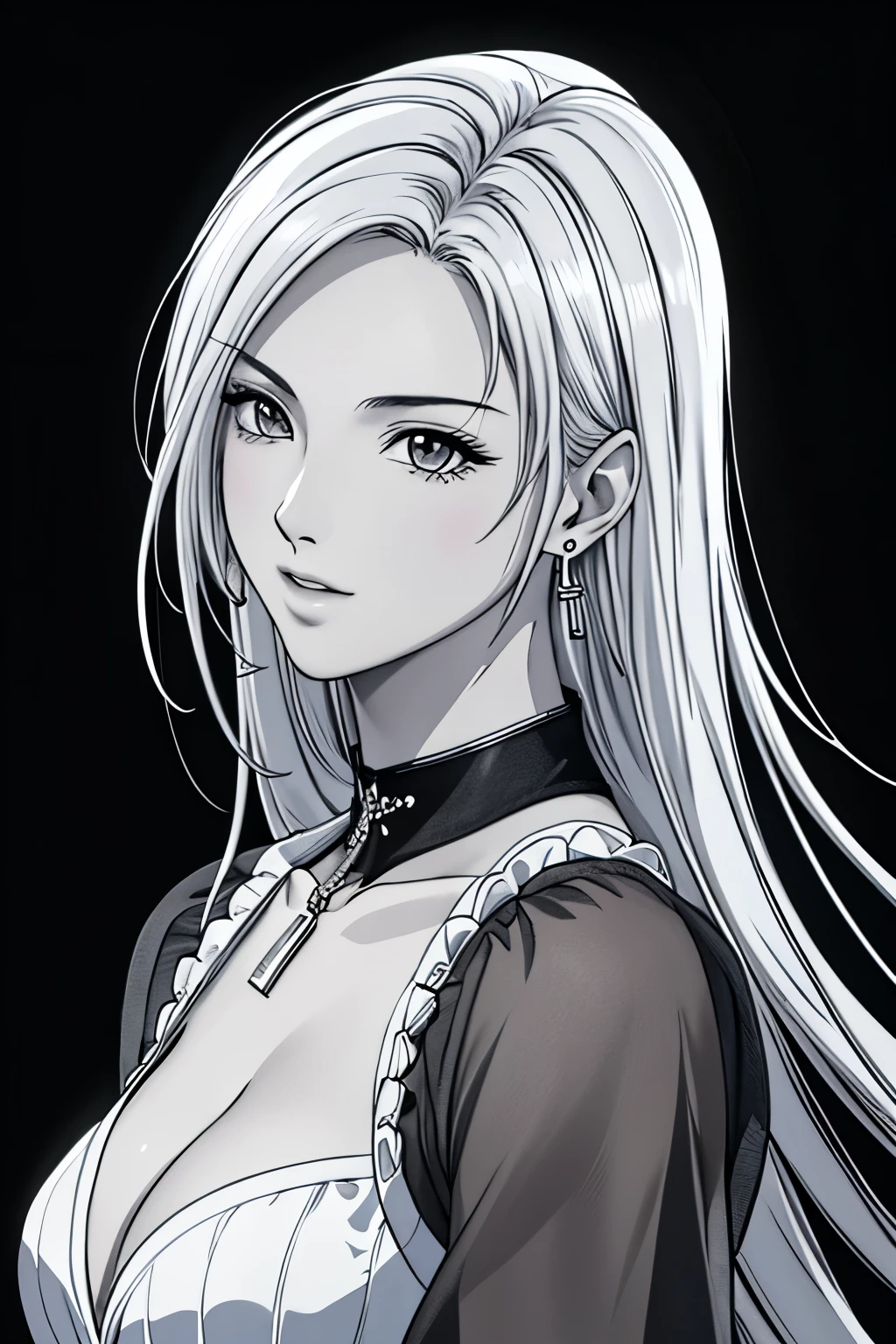 (masterpiece, Highest quality, Highest quality, Official Art, Beautiful and aesthetic:1.2), (Highest quality, masterpiece painting:1.3), black and white line drawings,(Monochrome:1.4),((white background)),Immature woman, 16 years old, (Half Body Shot), masterpiece, Ultra-high resolution, , Abstract art, (Side shot), (Photorealistic:1.0),((white hair)),Straight hair, Beautiful and shiny hair, 白くGlowing Skin, Picturesque, sketch, texture, Ultra-high resolution, alone, Beautiful woman, Very detailed, (Fractal Art:1.1), Most detailed, (Tangled:1.2), (Dynamic pose), (Abstract background:1.3), (Glowing Skin), (Earrings:1.4), (feather:0.9), Taisho romance