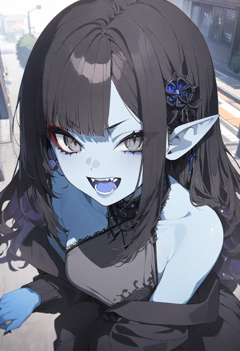 Detailed anime style, masterpiece, Studio Quality, 6k, full-body shot, 1 girl, demon, Fangs, teeth, Gray eyes, Skin of color, (Blue Skin of color 0.9), Gothic, Heavy, Black Hair, Detailed background, Modern Japanese Town, Complementary colors, light, Detailed shadows, Digital Texture