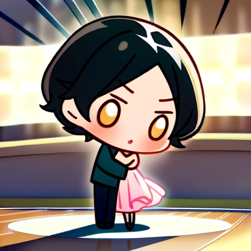 a boy, a girl, black hair, yellow hair, couple, evening dress, dance, masterpiece, best quality, full body, chibi, cute 