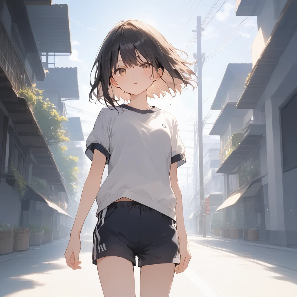 score_9, score_8_up, score_7_up, source_anime, best quality, masterpiece, official art, absurdres, highres, ultra-detailed,waifu2x,Collection: Slice of Life,break,1girl, 15-year-old, short hair, black hair, small breasts, beautiful detailed face, beautiful detailed eyes, well-proportioned iris and pupils, parted lips, beautiful detailed lips, gym uniform, byke shorts, sweat, expressionless, sleepily, School commute route, outdoors, wind, break,(clear line illustration:1.2),very high resolution, very aesthetic, super detailed skin, Best cinematic lighting powered by famous artist, 8k, beauty illustration,photoshop_(medium),,(Detailed Lighting),best anime 8k konachan wallpaper, pixiv contest winner,