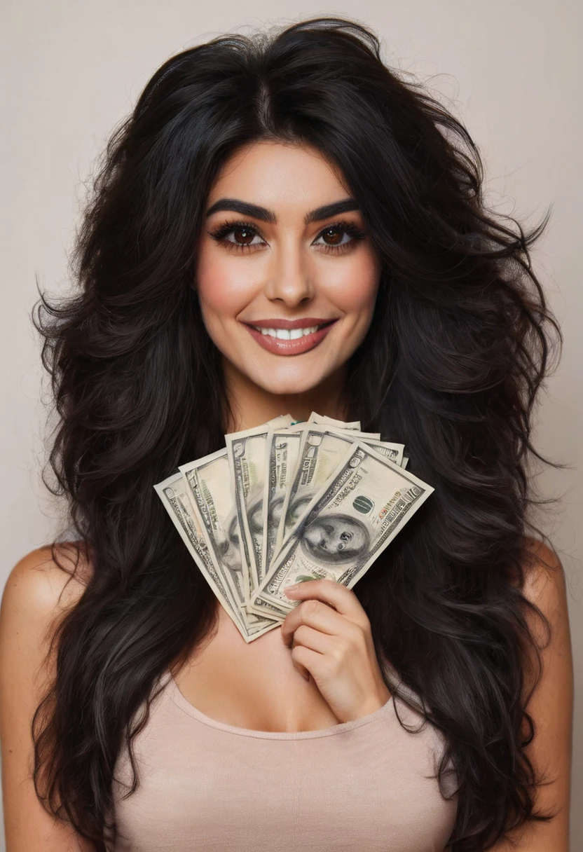bearded woman beautiful shaggy beard, black hair, brown eyes, eyeliner, proud smile, seductive look, hold a load of dollar bills