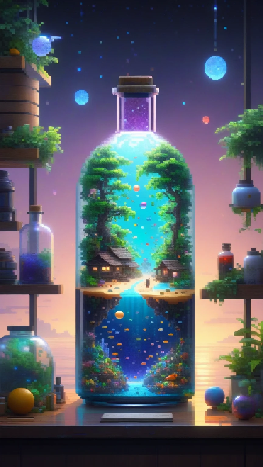 Pixel Art, The entire observable universe is in a bottle, Like a dream, Surreal landscape, Mysterious Creatures, Distorted reality, Surrealism静物, (extremly detailed oil painting:1.2), Glow Effect, Divine Light, Hand Painted, Make, 8K, cartoon, octane Make, Cinema 4D, Blender, dark, 大气 4K 超详细, Sensual, Clear focus, Humorous illustrations, Large depth of field, masterpiece, color, 3d octane Make, 4K, Concept Art, Popular on ArtStation, Surrealism, Vivid color, extremely detailed CG unity 8K wallpaper, Popular on ArtStation, Popular on CGsociety, complex, High Detail, dramatic, (masterpiece), (best quality), (Extremely detailed), (Unreal Engine), (octane Make), (Human Development Report)