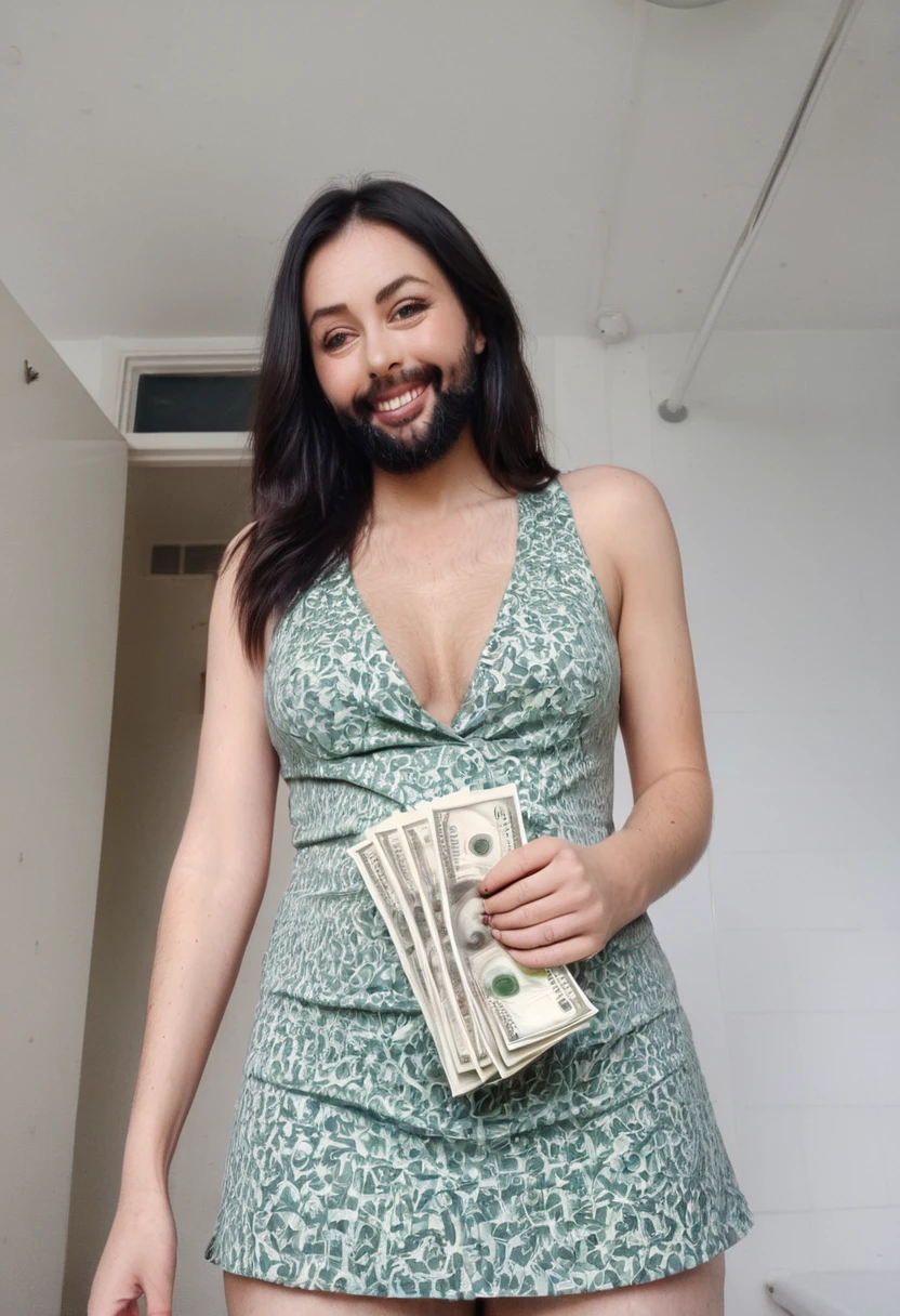 (thai women),(super high ponytail:1.5),(top ponytail:1.5),(forehead),(huge breasts:1.6),(naked:1.4),(slim waist:1.3), (bewitching smile),(roll of banknotes:1.3),(messy room:1.4),(On the bed.:1.5),(Old motel:1.3),(cowboy shot:1.3), masterpiece, highest quality,