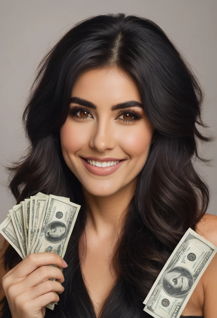 bearded woman beautiful shaggy beard, black hair, brown eyes, eyeliner, proud smile, seductive look, hold a load of dollar bills