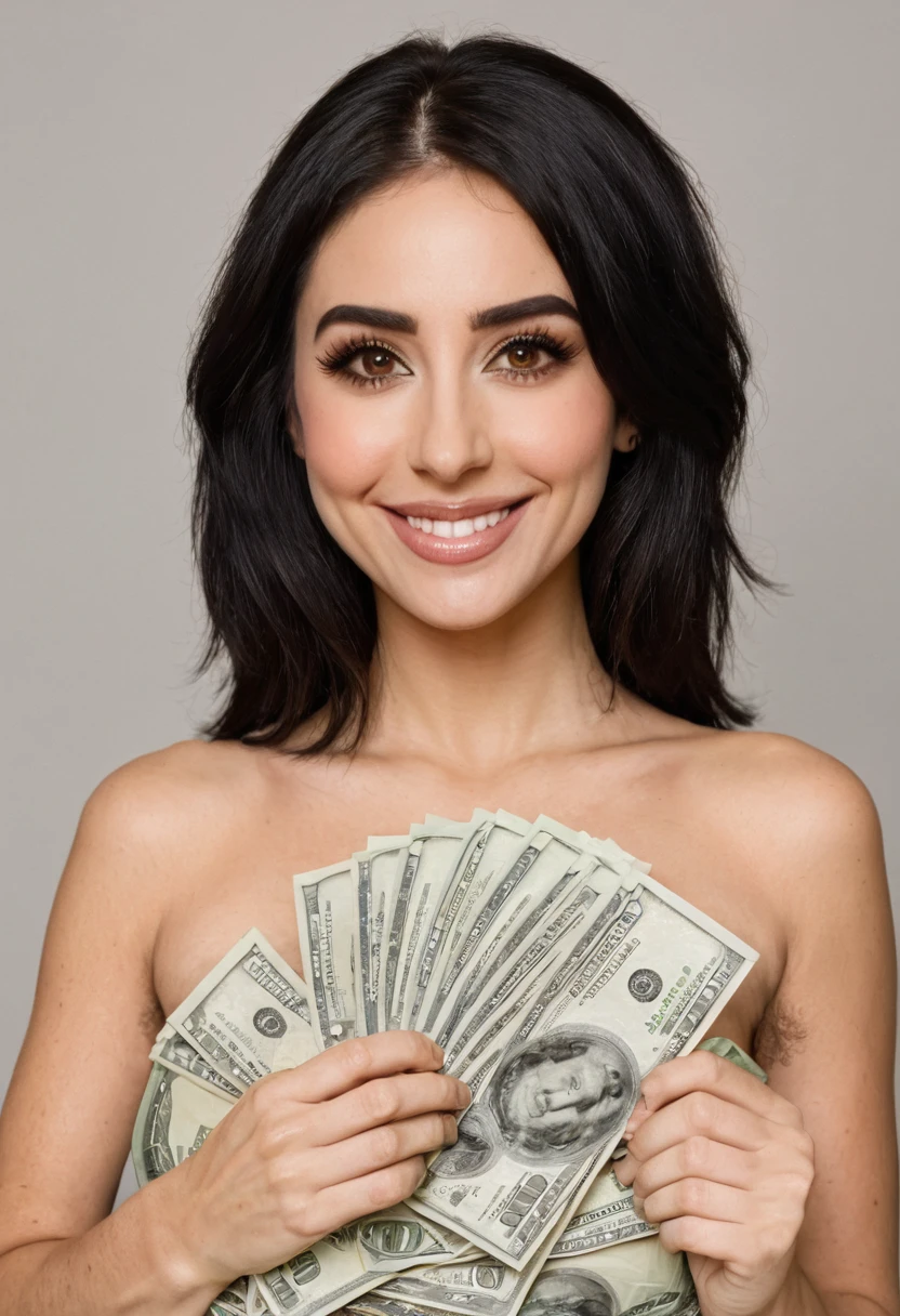 bearded woman beautiful shaggy beard, black hair, brown eyes, eyeliner, proud smile, seductive look, hold a load of dollar bills