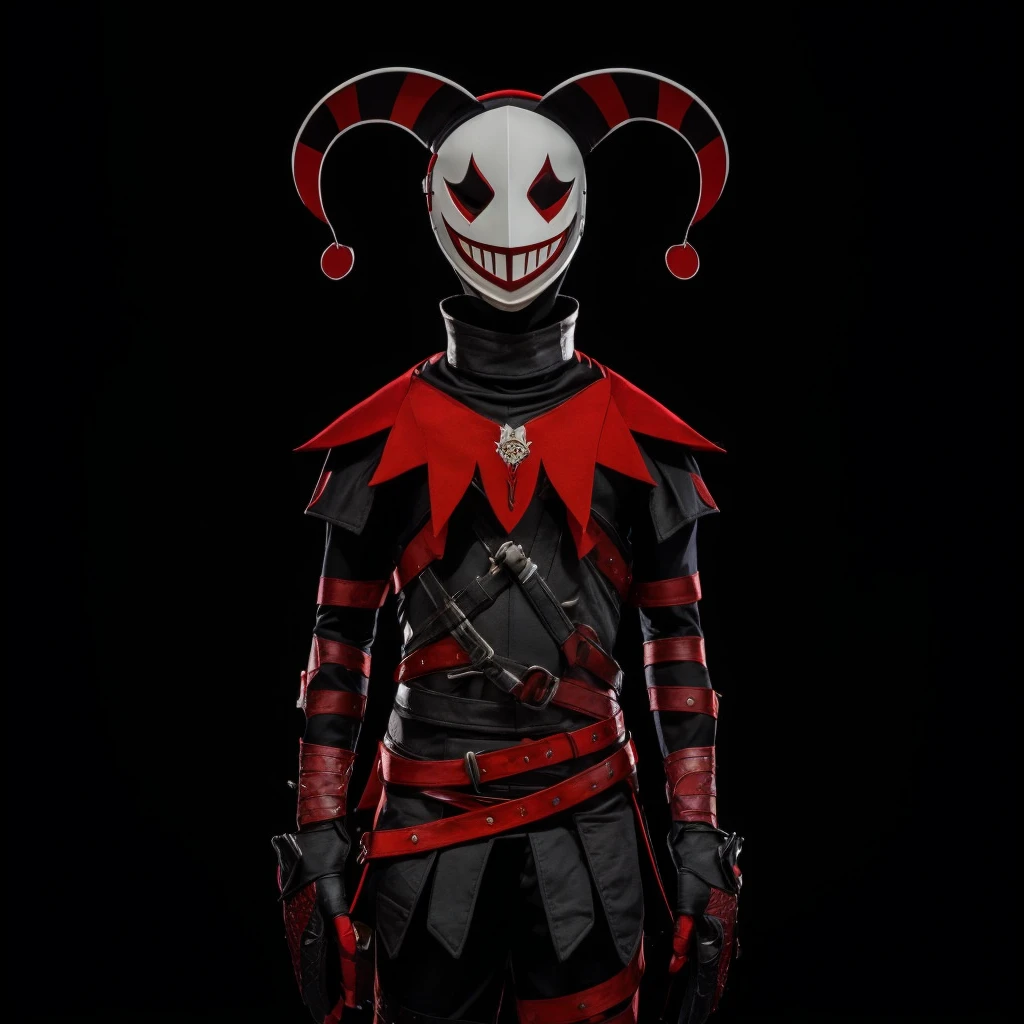 A red and black jester in a white minimalist mask with two red cuts on his eyes and an open mouth smiling, posing with your arms slightly up