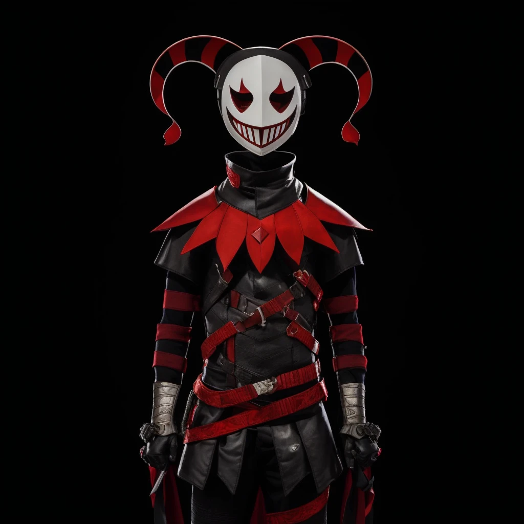 A red and black jester in a white minimalist mask with two red cuts on his eyes and an open mouth smiling, posing with your arms slightly up