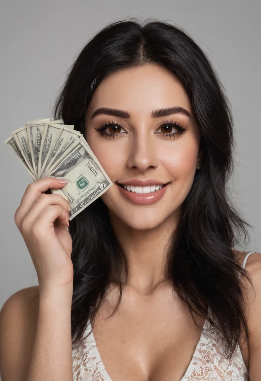 bearded woman beautiful shaggy beard, black hair, brown eyes, eyeliner, proud smile, seductive look, hold a load of dollar bills