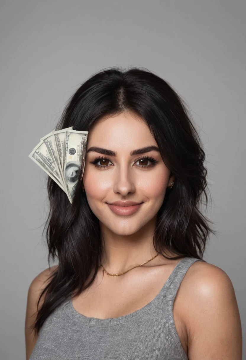 bearded woman beautiful shaggy beard, black hair, brown eyes, eyeliner, proud smile, seductive look, hold a load of dollar bills