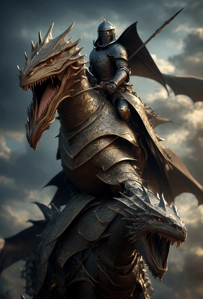 A knight in armor riding a dragon, holding a spear, the dragon breathing fire, (best quality,4k,8k,highres,masterpiece:1.2),ultra-detailed,(realistic,photorealistic,photo-realistic:1.37),medieval fantasy,concept art,dramatic lighting,detailed armor,muscular dragon,powerful dragon,epic scene,dynamic pose,intricate details,vibrant colors,dramatic shadows,cinematic composition