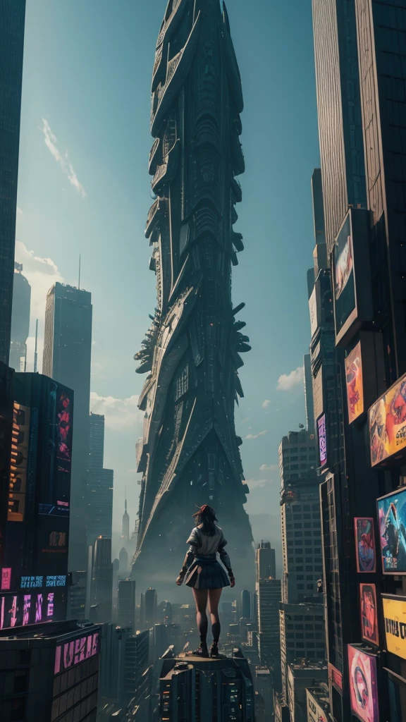 A giant woman in a lying on top of a cyberpunk city, Little guys running around the giant girl, Standing on her hand,Mac short skirt, cgsociety 9, 2. 5 d cgi fantasy art, engine rendering unreal + a goddess, full body cgsociety, artgerm ; Hyper realistic 3d content, giant art, super detailed 3d matte paintings, super detailed 3d matte paintings, realistic fantasy art, realistic 3 d anime style. Beautiful girl. Big thighs."The boy stood on the top of a high-rise building waving to the girl".movie Godzilla. 