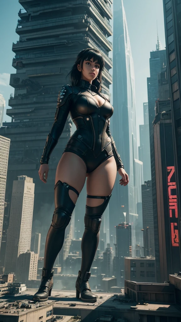 A giant woman in a lying on top of a cyberpunk city, Little guys running around the giant girl, Standing on her hand,Mac short skirt, cgsociety 9, 2. 5 d cgi fantasy art, engine rendering unreal + a goddess, full body cgsociety, artgerm ; Hyper realistic 3d content, giant art, super detailed 3d matte paintings, super detailed 3d matte paintings, realistic fantasy art, realistic 3 d anime style. Beautiful girl. Big thighs."The boy stood on the top of a high-rise building waving to the girl".movie Godzilla. 