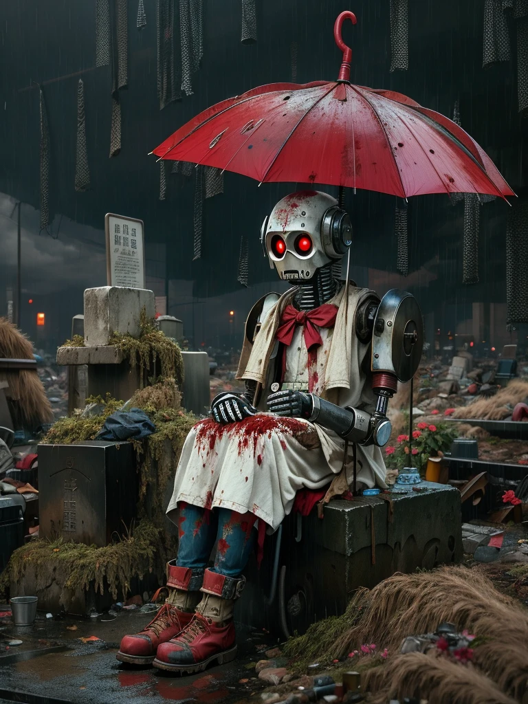 wasteland，A poor old robot sat on a rock, (Umbrella:1.3)，(用手撑着Umbrella:1.3)，(sit:1.2)，rust，Wearing tattered red armor，The skyline in the distance，Gothic，moss，A small white flower，cemetery，Gothic教堂，Blood red moon，Gothic元素，In the heavy rain，cold，gloomy