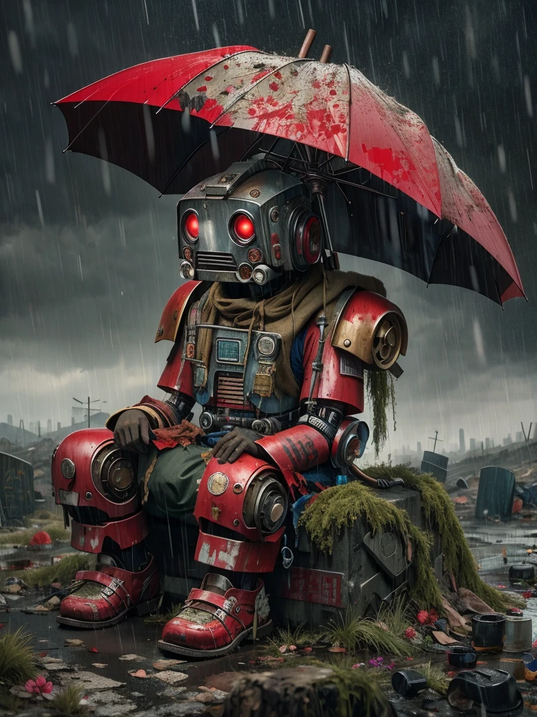 wasteland，A poor old robot sat on a rock, (Umbrella:1.3)，(用手撑着Umbrella:1.3)，(sit:1.2)，rust，Wearing tattered red armor，The skyline in the distance，Gothic，moss，A small white flower，cemetery，Gothic教堂，Blood red moon，Gothic元素，In the heavy rain，cold，gloomy