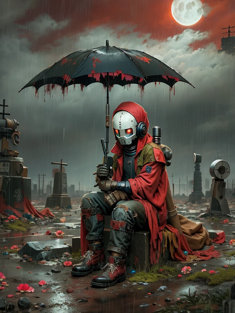 wasteland，A poor old robot sat on a rock, (Umbrella:1.3)，(用手撑着Umbrella:1.3)，(sit:1.2)，rust，Wearing tattered red armor，The skyline in the distance，Gothic，moss，A small white flower，cemetery，Gothic教堂，Blood red moon，Gothic元素，In the heavy rain，cold，gloomy