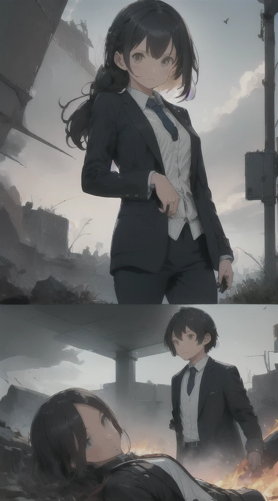 Highest quality, movie quality, scene on the verge of death, ruins, smoking, blood, coat, man (35 years old, tsuntsun head, black hair, coat in a suit, holding a gun in hand, lying on back), rain, fog