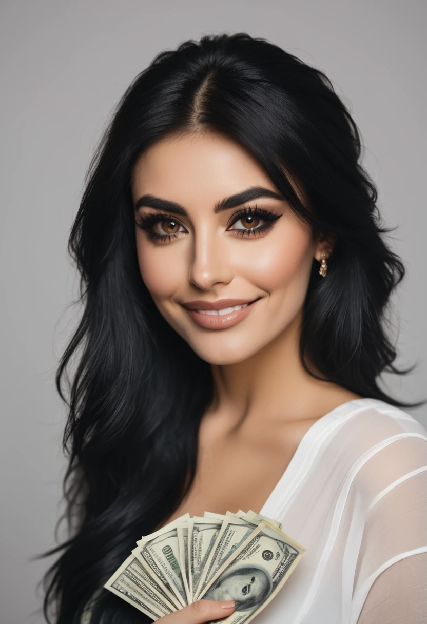 bearded woman beautiful shaggy beard, black hair, brown eyes, eyeliner, proud smile, seductive look, hold a load of dollar bills
