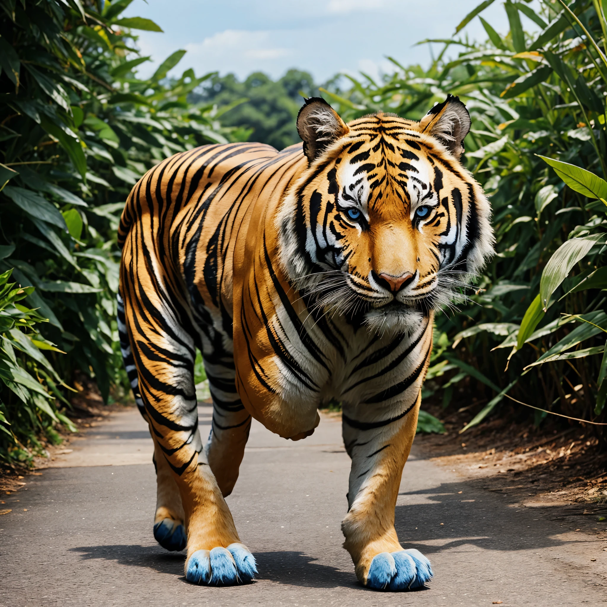 Blue and gold tiger walking