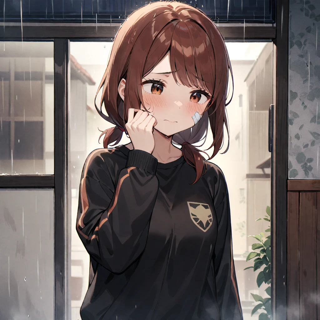 1 girl, Shoko Nishimiya, from Koe no Katachi, center, slightly sad expression, wearing a black sweatshirt, with a small bandage on her cheek, long brown hair tied in a low ponytail, with a few loose strands framing her face, standing in a rainy street, with the rain blurring the background details, masterpiece, best quality, very aesthetic, absurdres, ((medium quality)), ((medium quality))