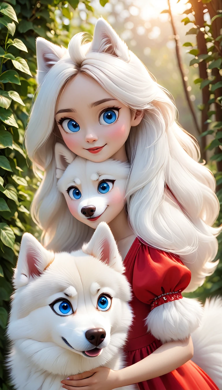 4K resolution of a girl in a red dress with a white Siberian Husky dog. The girl should have a joyful and affectionate expression, with her hair styled naturally. She is wearing a vibrant red dress that stands out against the background. The white Siberian Husky dog, with its striking blue eyes and fluffy coat, is by her side, looking happy and alert. The setting can be a cozy living room or an outdoor scene with greenery, providing a warm and inviting atmosphere. The lighting should be soft and natural, highlighting the bond between the girl and her dog.