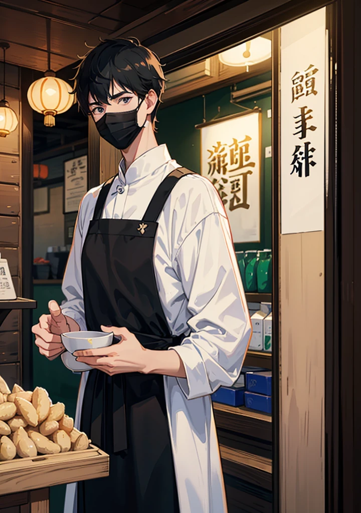 A tall boy with short black hair that wear a white university shirt under black apron and wear a black mask standing in front of chinese soy milk store.
