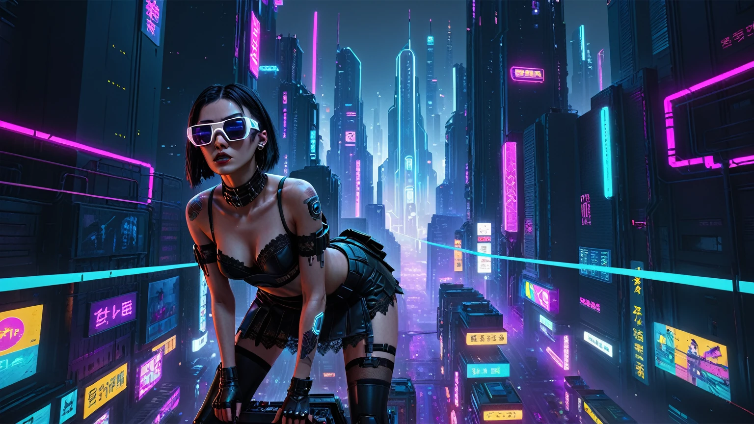(((1woman, solo))), rainbow light, 3d neon art of a woman's body, cyberpunk femme fatale, seductive cyberpunk dark fantasy, cyberpunk 20 y. o large-breast:1.1 model girl, (((with black miniskirt and white lace panty, with matrix style black micro sunglasses))), oppai cyberpunk, banner, high definition cgsociety, cgsociety masterpiece, trending on cgstation, kda, (((((aerial view))))) image of neon-noir cyberpunk city in the background. 