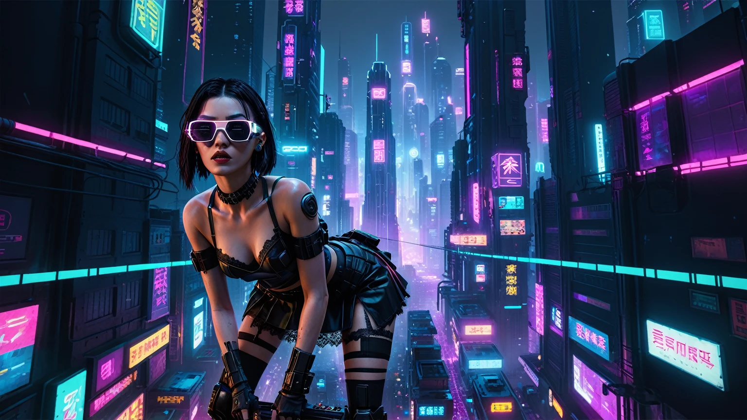 (((1woman, solo))), rainbow light, 3d neon art of a woman's body, cyberpunk femme fatale, seductive cyberpunk dark fantasy, cyberpunk 20 y. o large-breast:1.1 model girl, (((with black miniskirt and white lace panty, with matrix style black micro sunglasses))), oppai cyberpunk, banner, high definition cgsociety, cgsociety masterpiece, trending on cgstation, kda, (((((aerial view))))) image of neon-noir cyberpunk city in the background.