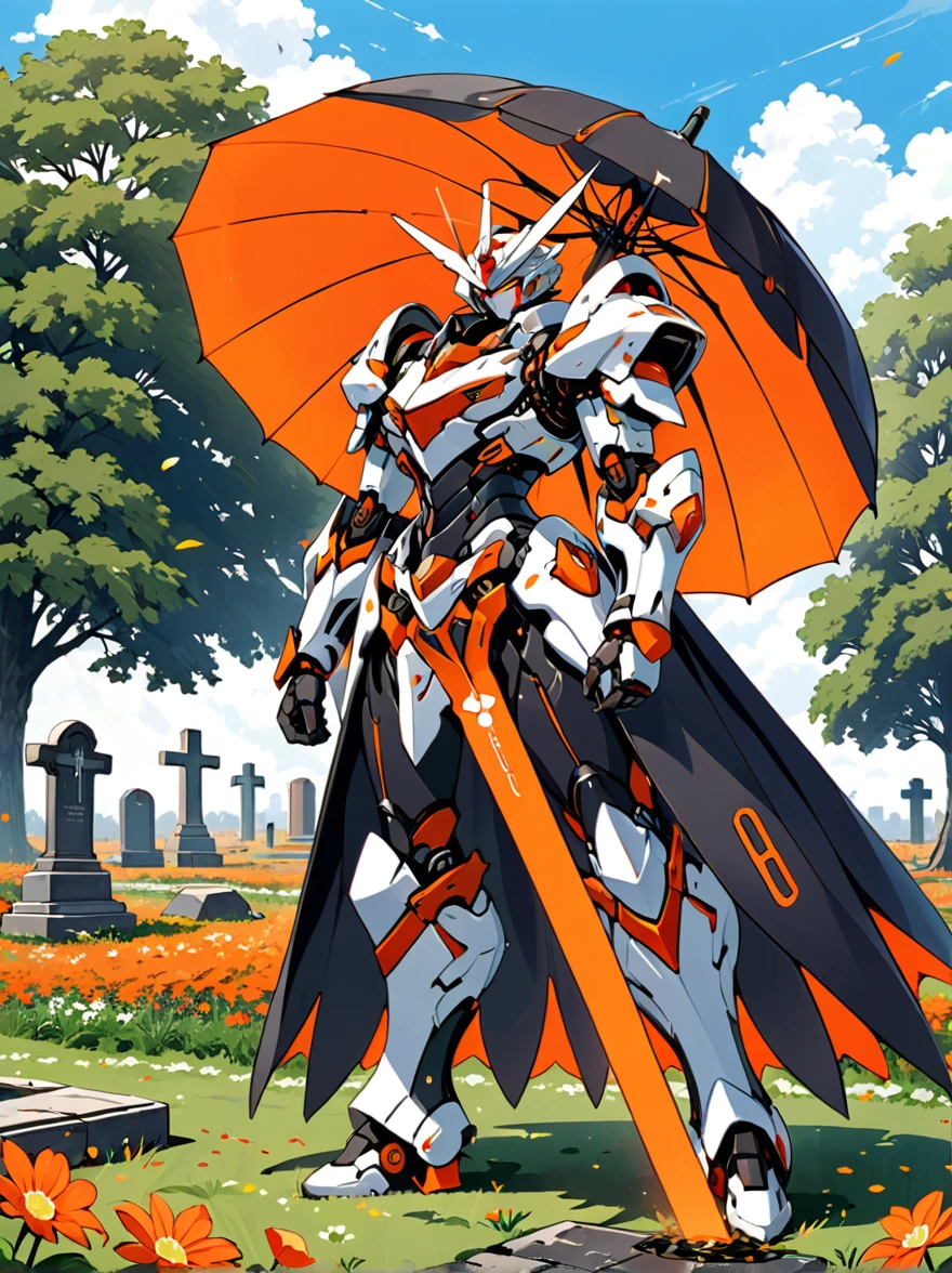 An orange-red mech stands on a meadow full of flowers，(Holding a huge steel umbrella)，Lower your head，(The whole scene looks dilapidated.)，(Loneliness)，Cemetery，tombstone