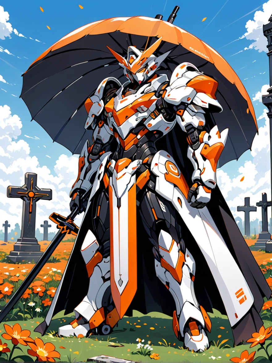 An orange-red mech stands on a meadow full of flowers，(Holding a huge steel umbrella)，Lower your head，(The whole scene looks dilapidated.)，(Loneliness)，Cemetery，tombstone