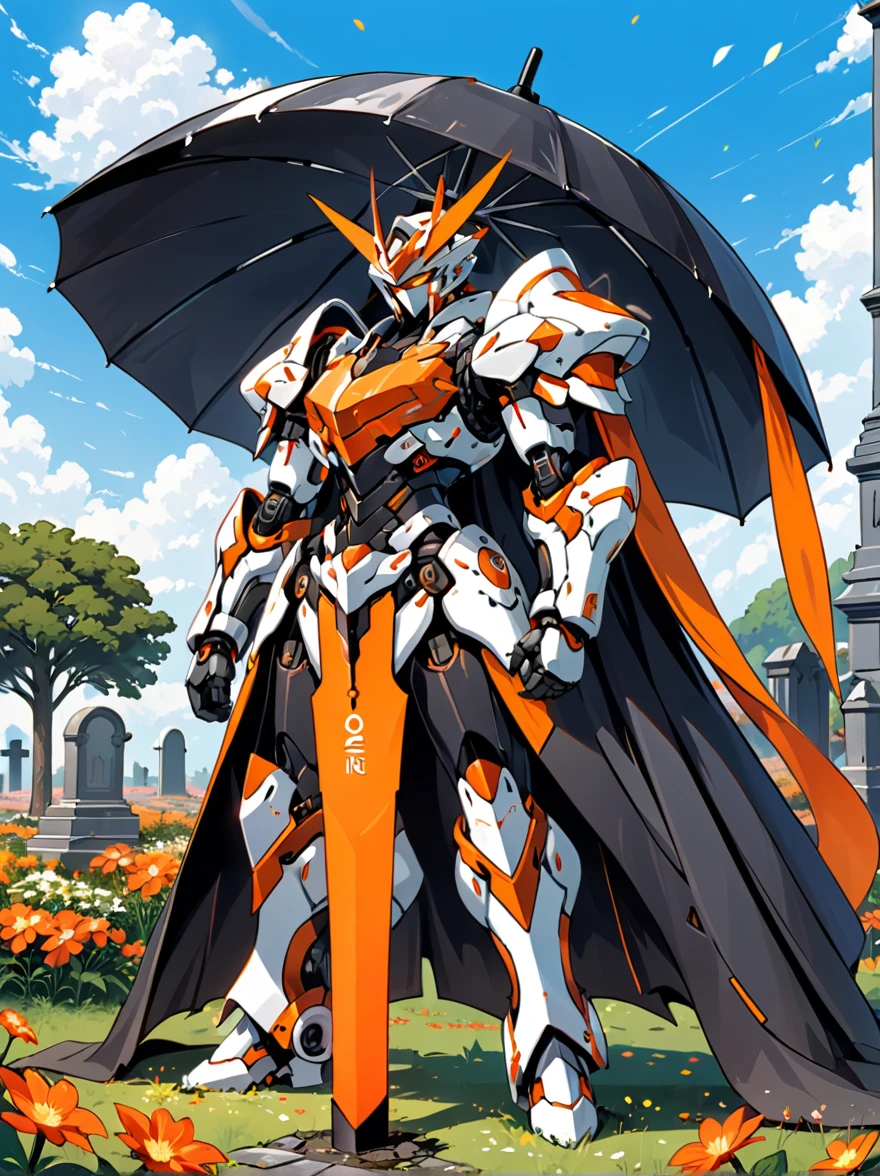 An orange-red mech stands on a meadow full of flowers，(Holding a huge steel umbrella)，Lower your head，(The whole scene looks dilapidated.)，(Loneliness)，Cemetery，tombstone