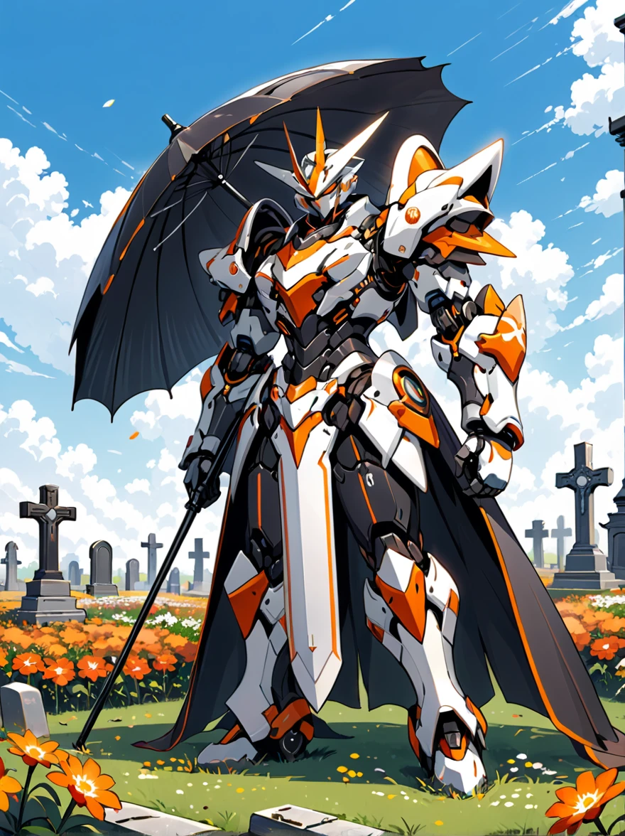 An orange-red mech stands on a meadow full of flowers，(Holding a huge steel umbrella)，Lower your head，(The whole scene looks dilapidated.)，(Loneliness)，Cemetery，tombstone