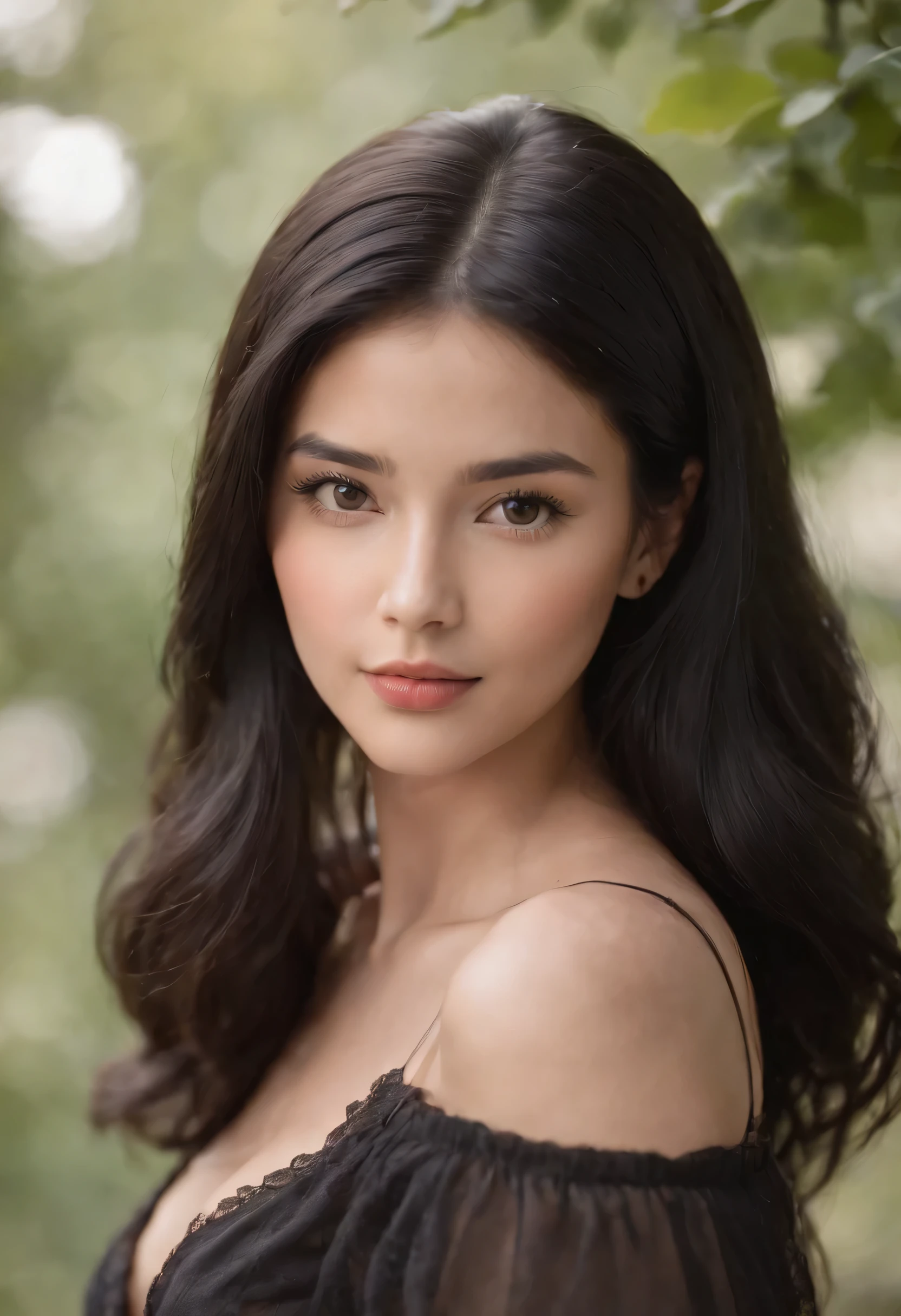 natural skin, wearing hot deep neck transparent top , charming black hair, American girl