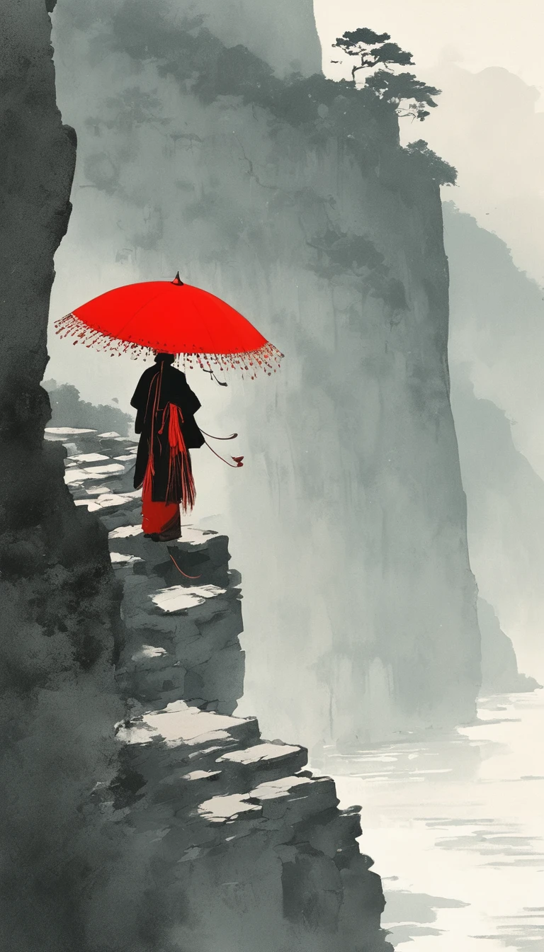 simple,Minimalist illustration,1pcs red umbrella tassel,solitary figure,Cliff Edge,bridge