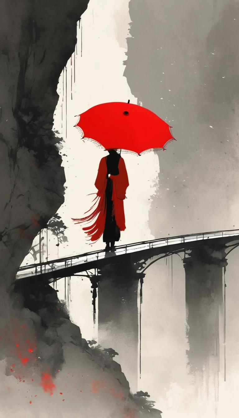 simple,Minimalist illustration,1pcs red umbrella tassel,solitary figure,Cliff Edge,bridge